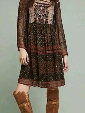Anthropologie Akemi + Kin Munro Paisley Embroidered Beaded Boho Tunic Dress XS